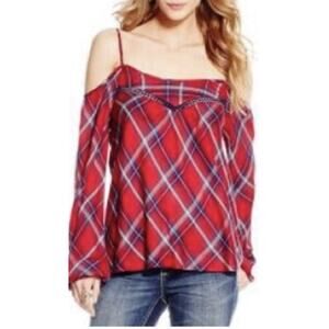 Jessica Simpson Red Plaid Top Size Medium Cold Shoulder Lightweight – Good Cond